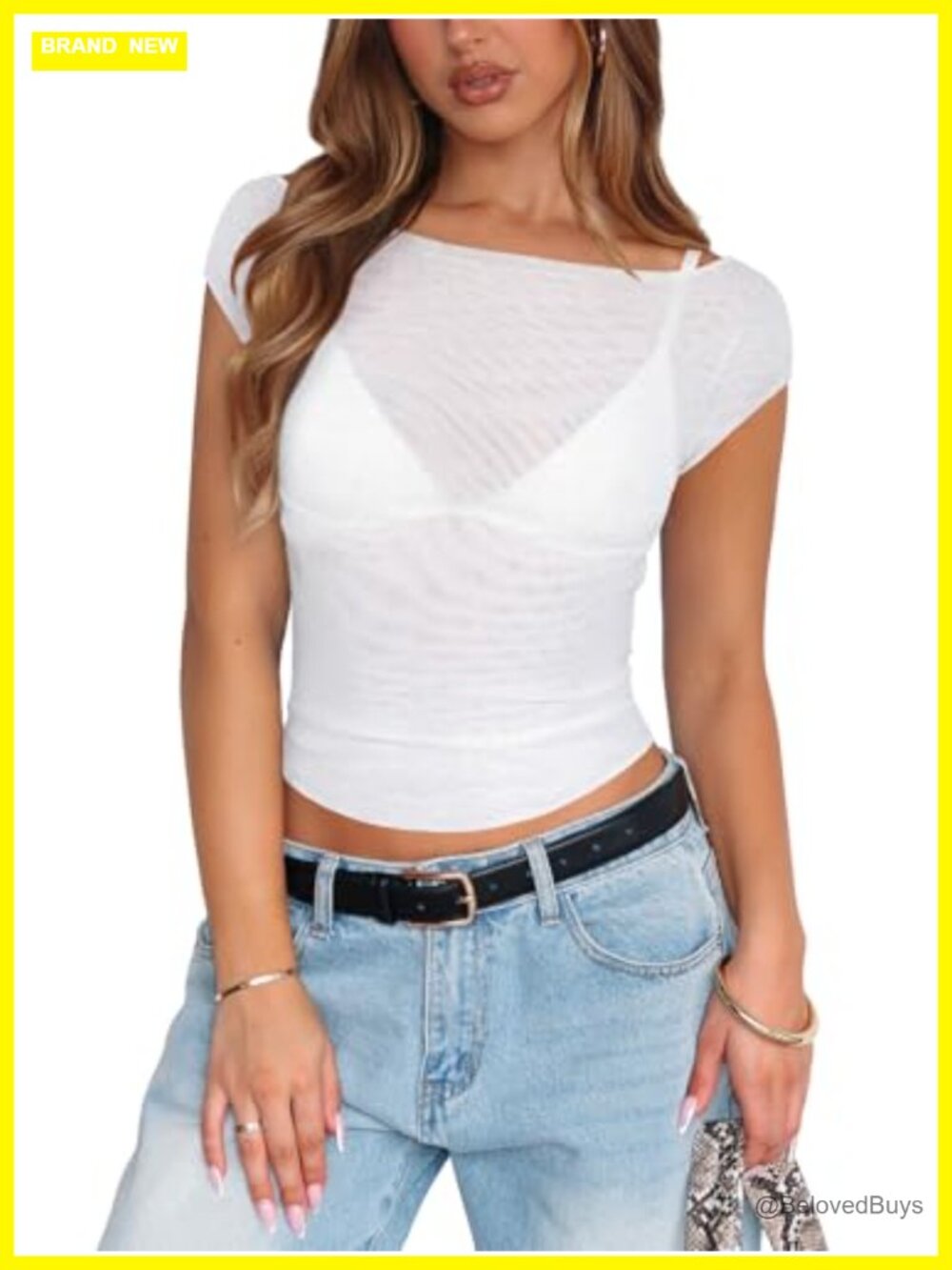Women's Mesh Sheer Boat Neck Cap Sleeve Cropped Top Going Out Party Shirt